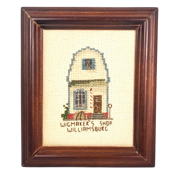 Framed Colonial Williamsburg Wigmaker's Shop Needlepoint Art - Picture 1 of 5